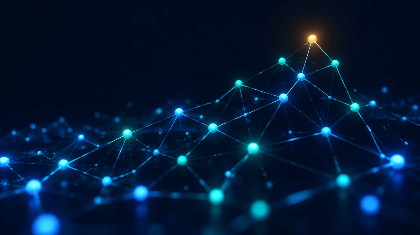 0Backlink yayıncı ağını simgeleyen, birbirine bağlı ışıklı düğümler